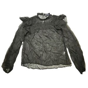 Vylette Womens XS Black Sheer Lace Ruffle Mock Neck Long Sleeve Blouse Top